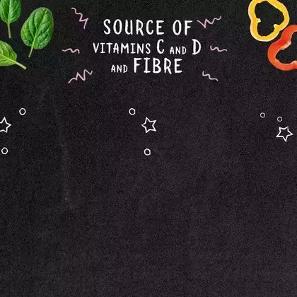 Graphic with animated jars, and text: Source of Vitamins C and D and fibre